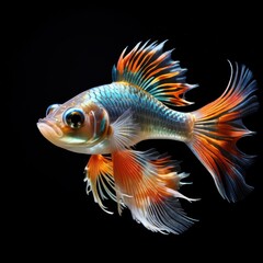 A vibrant, colorful fish with flowing fins swimming against a black background.