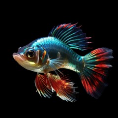 Fototapeta premium A vibrant, colorful fish with flowing fins swimming against a black background.