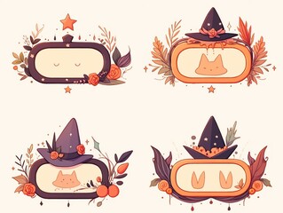 Four whimsical frames featuring a cat and witch hats, adorned with flowers and stars.