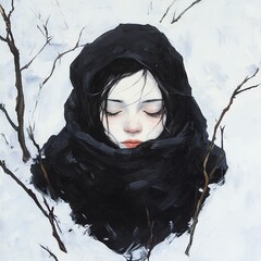 A serene portrait of a girl with closed eyes wrapped in a dark cloak amidst a snowy landscape and bare branches.