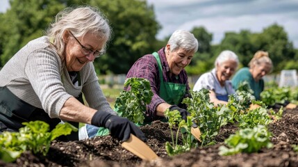 Elderly group enjoying a community gardening program as part of a wellness initiative, senior gardening wellness, mental and physical wellness