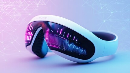 Health-tracking EEG headset with digital brainwave display, set against a soft blue background, highlighting innovation in personal wellness technology