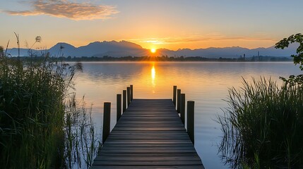 Naklejka premium Peaceful Sunrise Over a Lake with a Wooden Dock