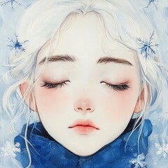 Artistic illustration of a serene girl with closed eyes, white hair, and winter-themed decorations.
