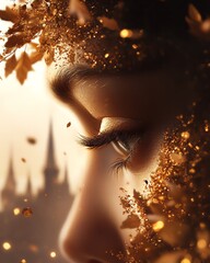 Close-up of a serene face adorned with golden leaves, evoking a fairy-tale atmosphere and soft bokeh lighting in the background.