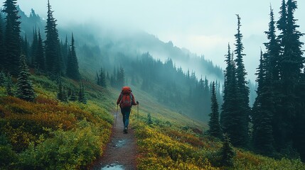 Fototapeta premium A lone backpacker trekking through a misty mountain trail surrounded by tall trees