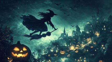 Image of a witch riding a broomstick in the night sky below is a town with pumpkins on Halloween.