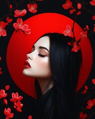 Elegant portrait of a woman with cherry blossoms and a red moon backdrop, evoking beauty and tranquility in an artistic composition.