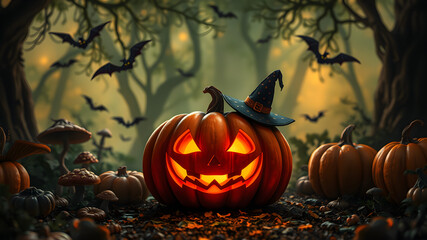 Naklejka premium halloween background with pumpkins