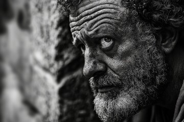 Black and white close-up portrait of a Roman philosopher from the 3rd century AD, deep wrinkles of thought and fine texture of toga against a stone wall