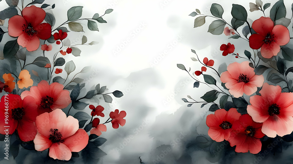 Poster A watercolor floral design featuring red and pink flowers with green leaves on a light background.