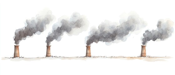 Illustration of four industrial smoke stacks emitting thick smoke, highlighting air pollution and environmental impact of industry activities.