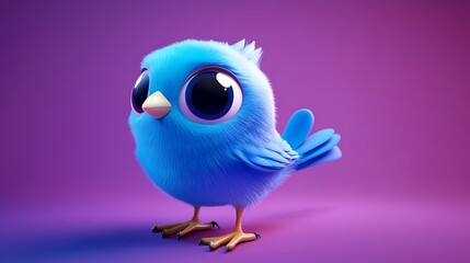 Obraz premium Charming Little Blue Cartoon Bird Walking in 3D Style on Purple Background - Blender Rendering with Simple and Smooth Design