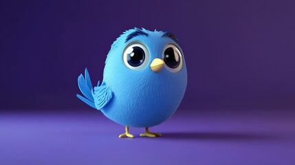 Adorable Blue Cartoon Bird in 3D Style Walking on Purple Background - High Resolution Blender Render with Simple Cuteness