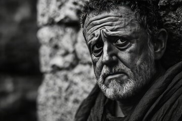 Black and white close-up portrait of a Roman philosopher from the 3rd century AD, deep wrinkles of thought and fine texture of toga against a stone wall