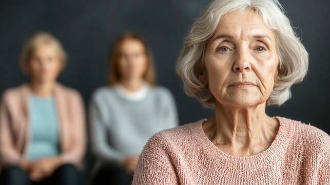 Elderly woman attending a group therapy session focused on mental health, wellness initiative, elderly mental wellness program, support group