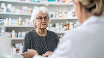 Elderly woman discussing medication interactions with a pharmacist, public health support, elderly medication interaction, pharmacy care