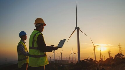Obraz premium Engineers and maintenance workers using laptop together discussing plans in wind turbine farm at sunset. 