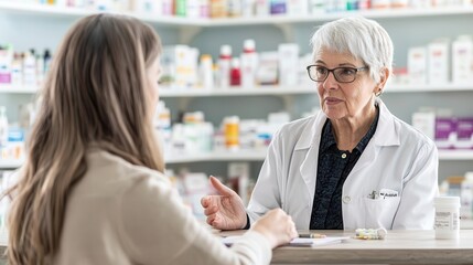 Elderly woman discussing medication interactions with a pharmacist, public health support, elderly medication interaction, pharmacy care