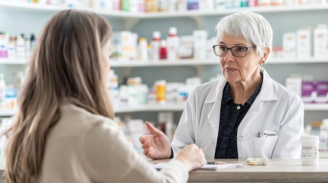 Elderly woman discussing medication interactions with a pharmacist, public health support, elderly medication interaction, pharmacy care