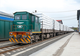 Obraz premium A wagon of a goods train is completely filled with bags of urea intended for delivery to agricultural enterprises