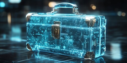 A futuristic briefcase with glowing blue lines and digital patterns, sits on a dark, shiny surface.