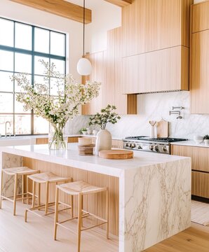 Modern kitchen featuring white marble island with wood cabinets and spring flowers