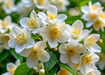 Obraz premium Delicate white petals and golden centers adorn clusters of fragrant, cup-shaped flowers on a mock orange shrub, filling