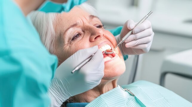 Elderly woman receiving a dental checkup as part of a public health program, elderly dental care, preventive oral health