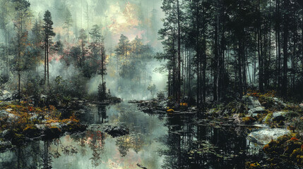 Naklejka premium Misty forest scene with a still river