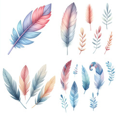 Cute cartoon set of feathers on white background.AI