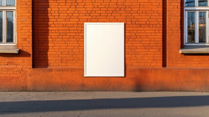 A blank white frame mounted on a vibrant orange brick wall, ideal for displaying advertisements or artworks.