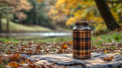 A thermos on a blanket surrounded by autumn foliage by a lake.