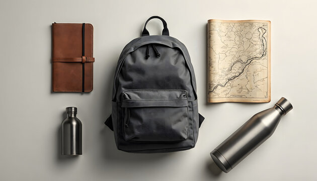 A stylish black backpack surrounded by a leather notebook, map, and stainless steel water bottles, perfect for adventurers and travelers.