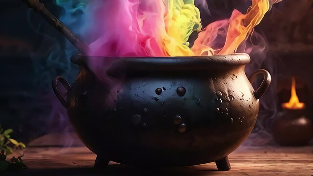Halloween potion with multicolor smoke on a supernatural witchcraft ritual