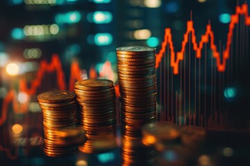 coins and stock chart on a city background, double exposure photography for a business concept of financial stock market growth or prosperity Generative AI