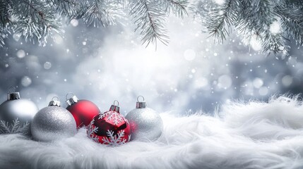 Christmas and New Year background: Christmas balls lie on the snow, framed by spruce branches