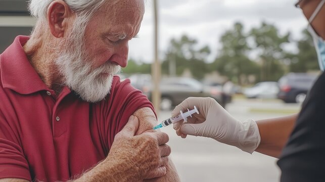 Older man receiving a flu shot at a drivethru vaccination site, public health event, elderly flu shot, community immunization