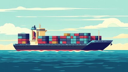 Illustration of a cargo ship on the ocean, stacked with containers in a simple, flat design, highlighting global trade and logistics.