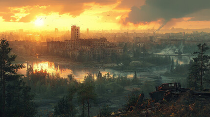 Fototapeta premium A city in ruins with a river running through it at sunset.