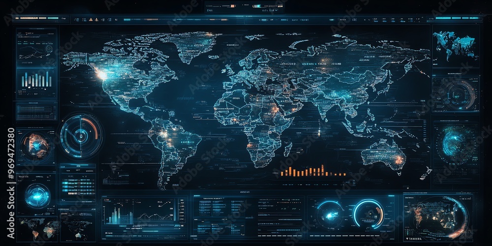 Fototapete A futuristic digital dashboard with a world map, charts, graphs, and data visualizations displayed on a dark blue background.