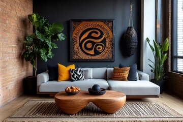 Bohemian home dÃ©cor with natural wood accents, handwoven textiles, and eclectic art, styled in a cozy, creative setting