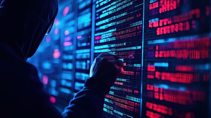 Forensic detective tracking a data thief, holographic screens showing stolen data analysis, cyber forensics, data recovery