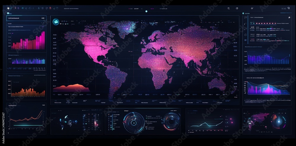 Aufkleber A futuristic digital interface showing a glowing world map surrounded by charts and graphs.