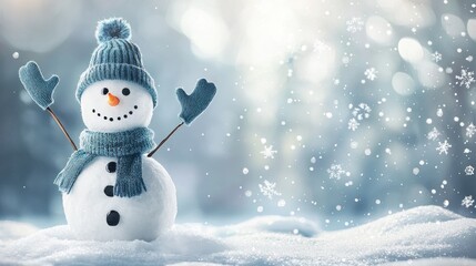 cute smiling snowman in knitted hat, scarf and mittens on snow, christmas card