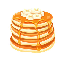 Delicious pancakes with sweet banana circles in a cartoon style. Vector illustration of fresh and fluffy pancakes drizzled with honey and banana slices isolated on a white background. Breakfast.