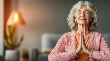 Older woman joining a virtual wellness program for seniors, practicing yoga from home, elderly virtual wellness, home fitness