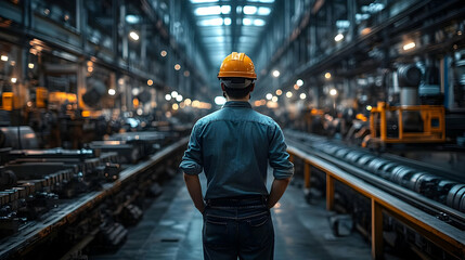 A worker in a hard hat stands in an industrial setting, observing the machinery.