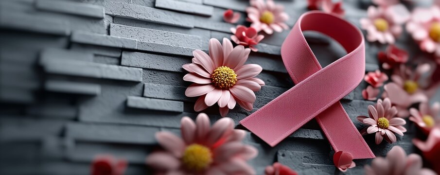 Pink Ribbon and Flowers on Brick Wall Breast Cancer Awareness