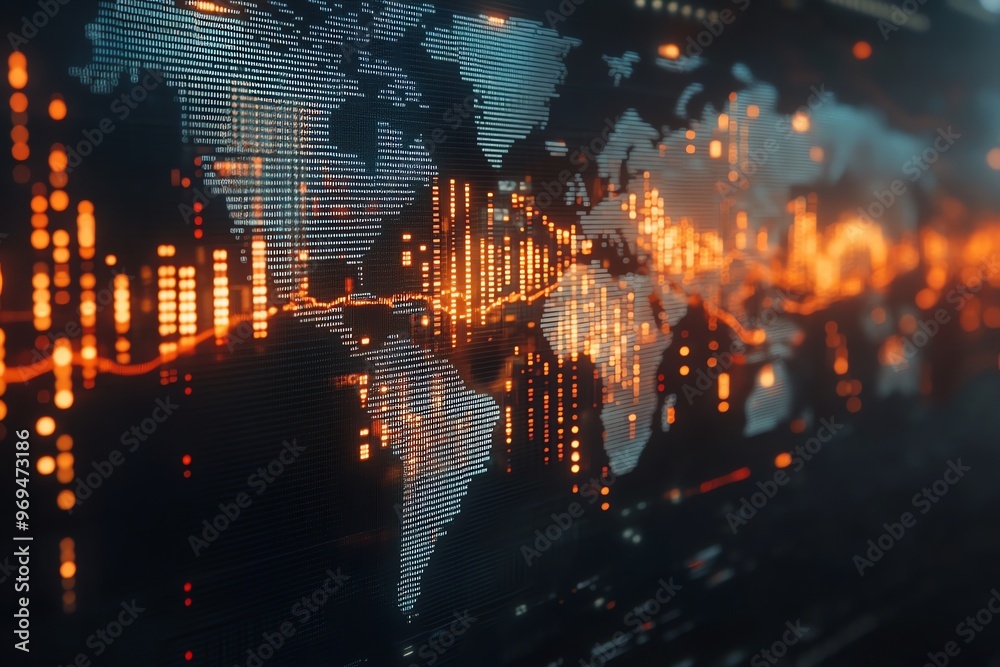 Poster A futuristic digital world map with orange glowing lines on a dark background.